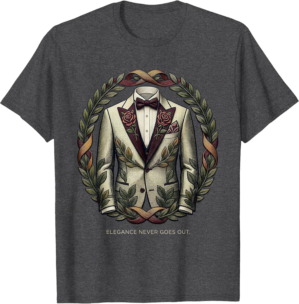 Elegance Never Goes Out Tuxedo Graphic Design T-Shirt - Dark Heather Grey