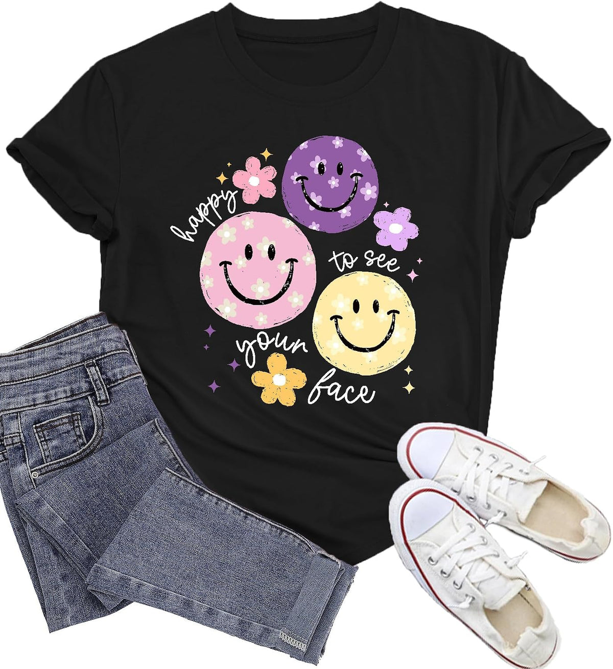 Womens Teacher Shirts Happy to See Your Face T-Shirt for Teachers - Black