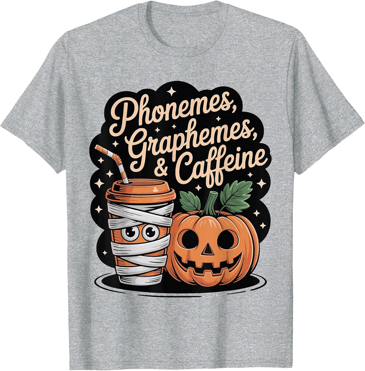 Halloween Teacher Phonemes Graphemes Caffeine Coffee Lover T-Shirt - Heather Grey