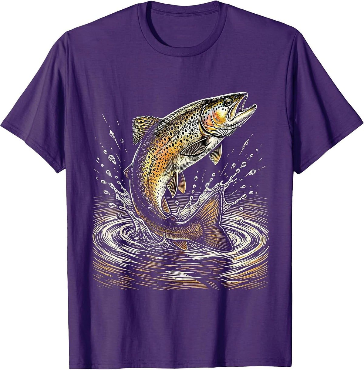 Trout Breaking Surface Golden Sunlight Fishing T-Shirt - Purple