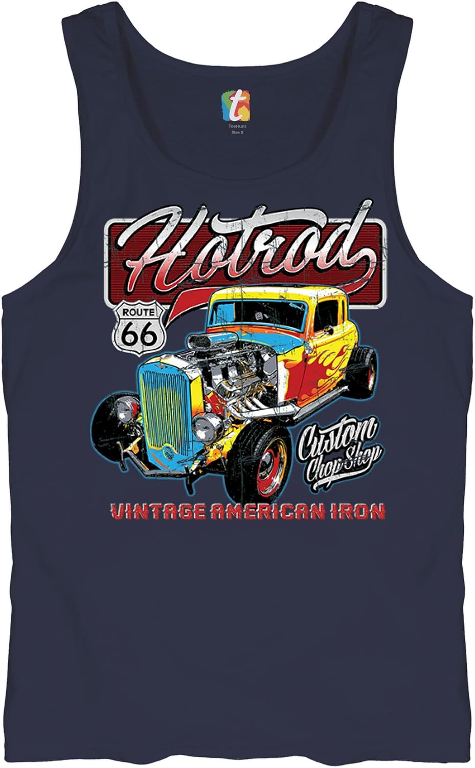 Vintage American Iron Tank Top Hot Rod Route 66 Retro Racing Men's Sleeveless - Navy Blue