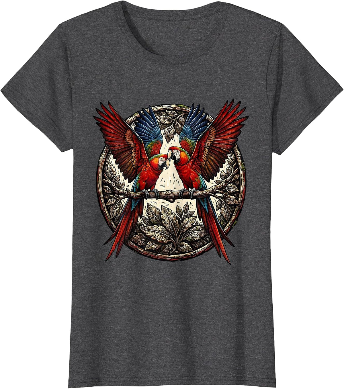 Women's Colombia Macaw Pair Rainforest Branch Illustration T-Shirt - Dark Heather Grey