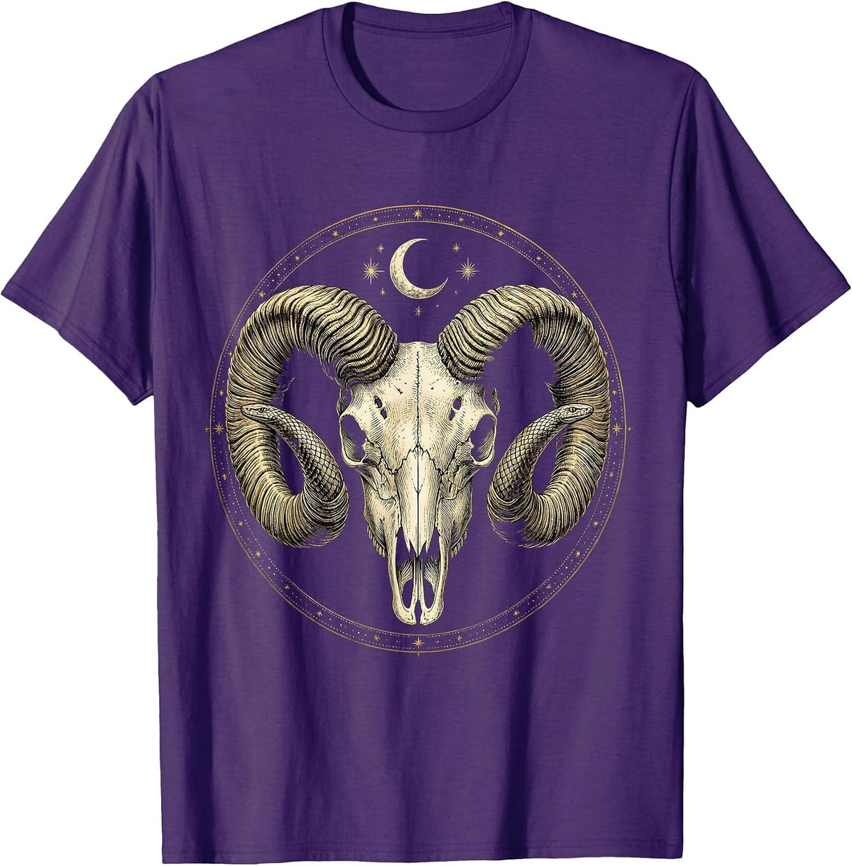 Massive Ram Skull Curling Horns Metal Graphic T-Shirt - Purple