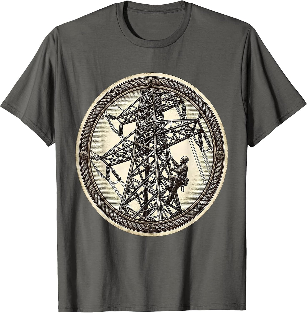Electrician Power Line Tower Climber Graphic T-Shirt - Asphalt Grey