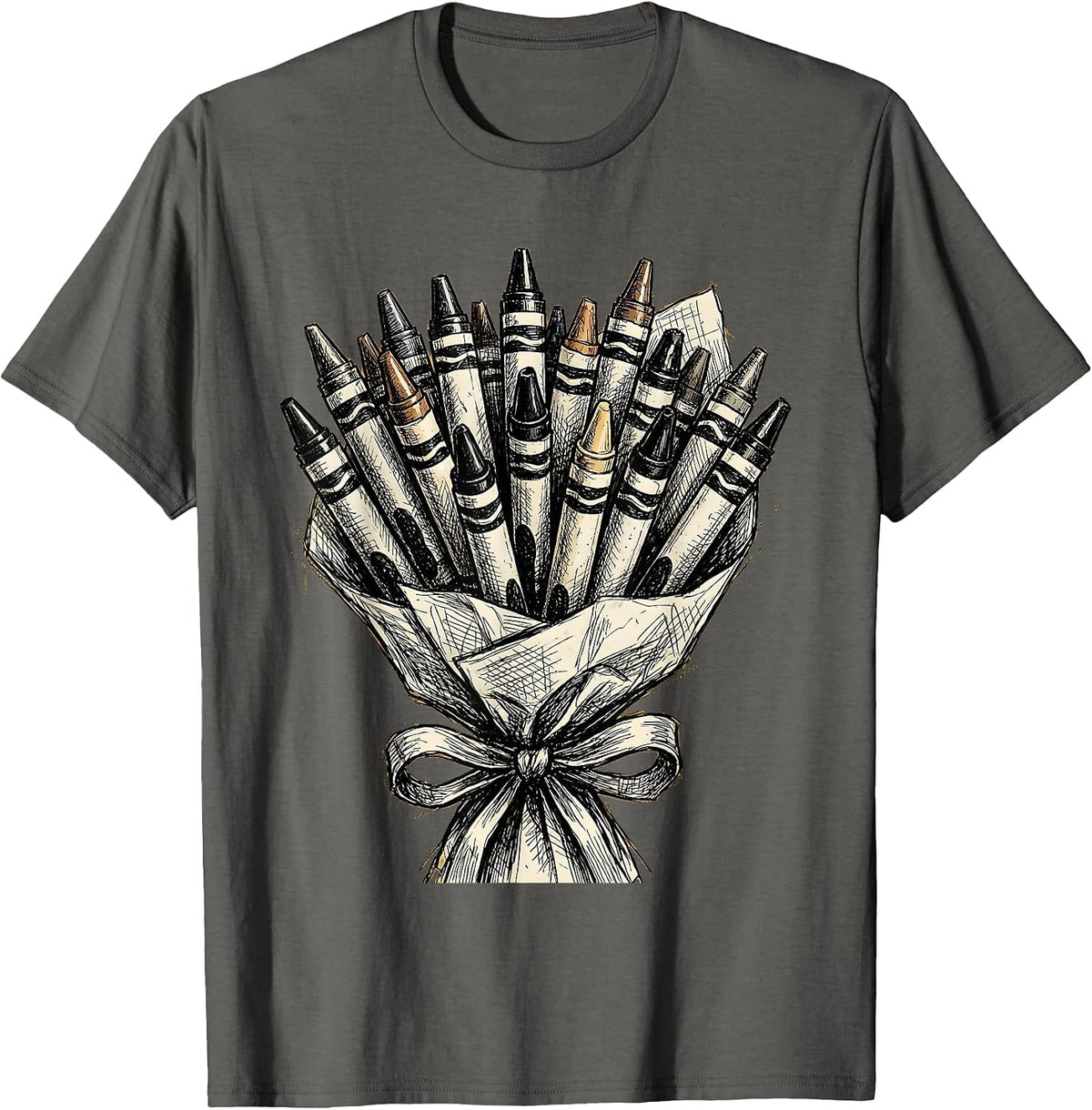 First Grade Teacher Crayon Bouquet Graphic T-Shirt - Asphalt Grey