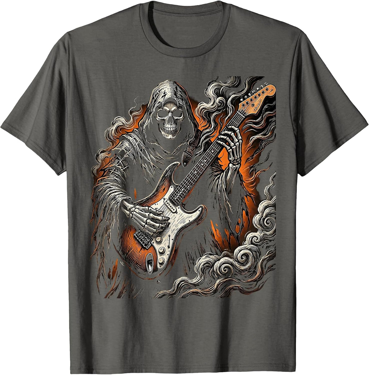 Grim Reaper Electric Guitar Halloween Design T-Shirt - Asphalt Grey
