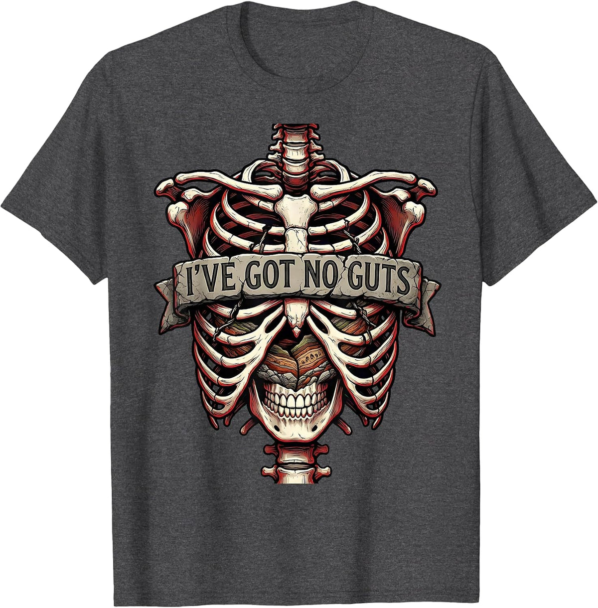 Men's I've Got No Guts Funny Halloween Geology Skeleton T-Shirt - Dark Heather Grey