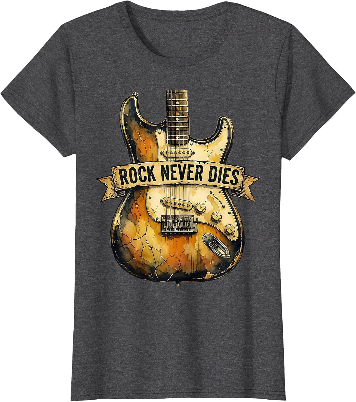 Women's Rock Never Dies Bold Music Graphic Design T-Shirt - Dark Heather Grey
