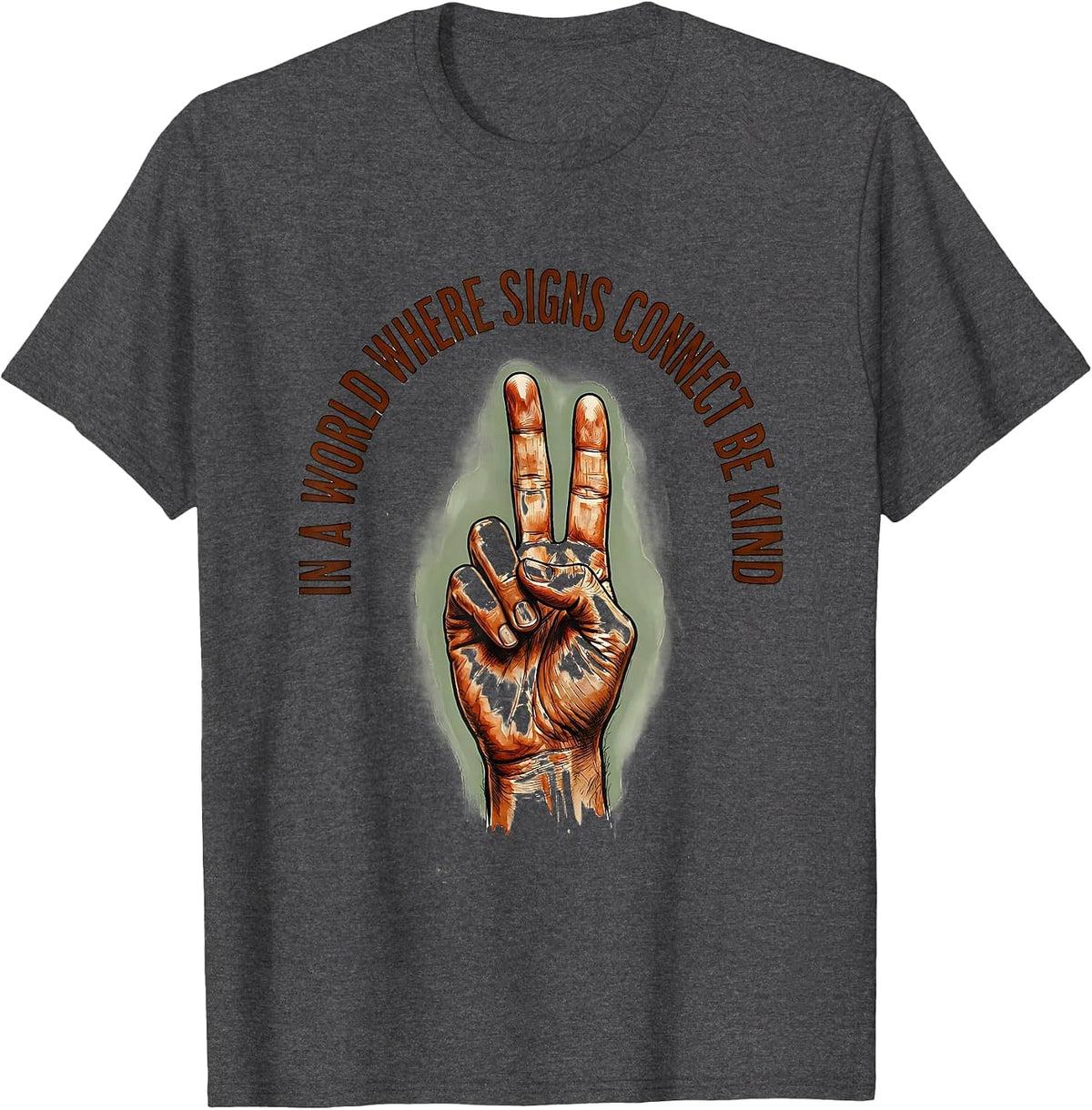 In A World Where Signs Connect Be Kind Vintage ASL Teacher T-Shirt - Dark Heather Grey