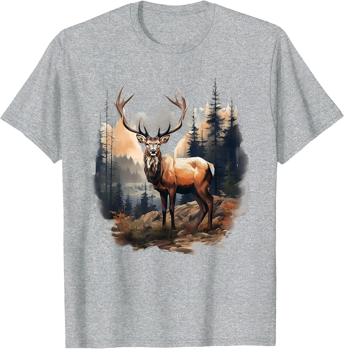 Deer Forest Landscape Wildlife Artwork Nature Animal Lovers T-Shirt - Heather Grey