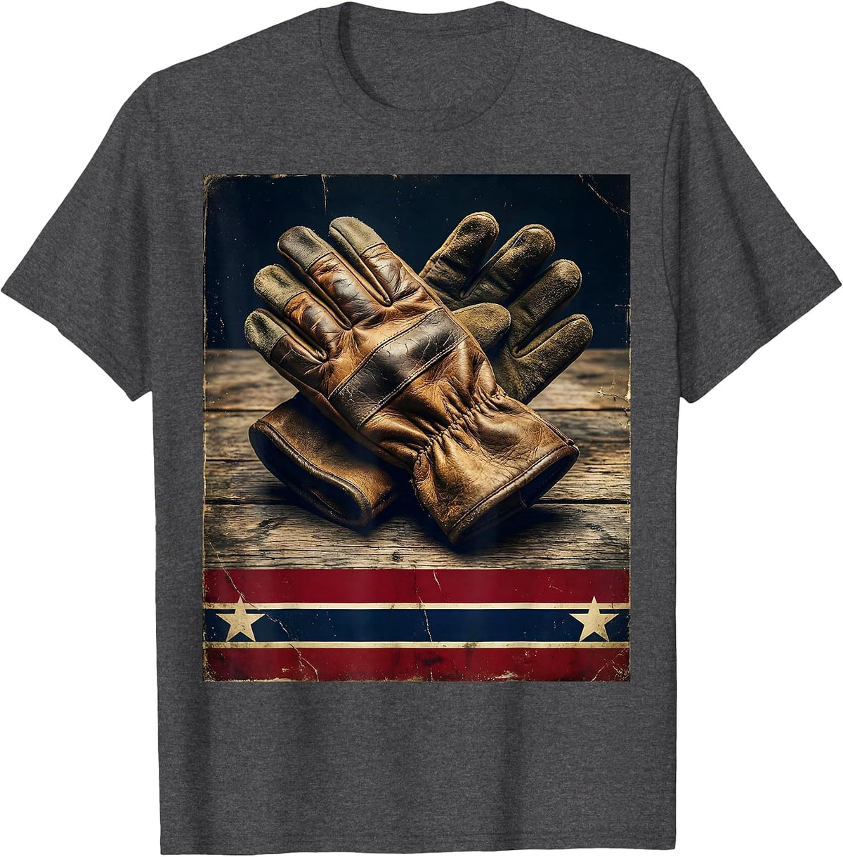 Labor Day Worn Leather Work Gloves on Wood T-Shirt - Dark Heather Grey