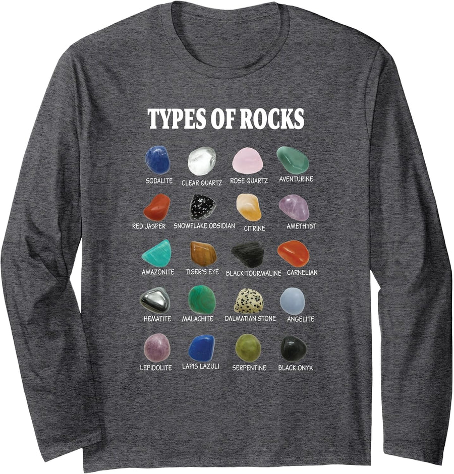 Types of Rocks Educational Geology Minerals Gemology Long Sleeve T-Shirt - Adult Unisex Dark Heather Grey