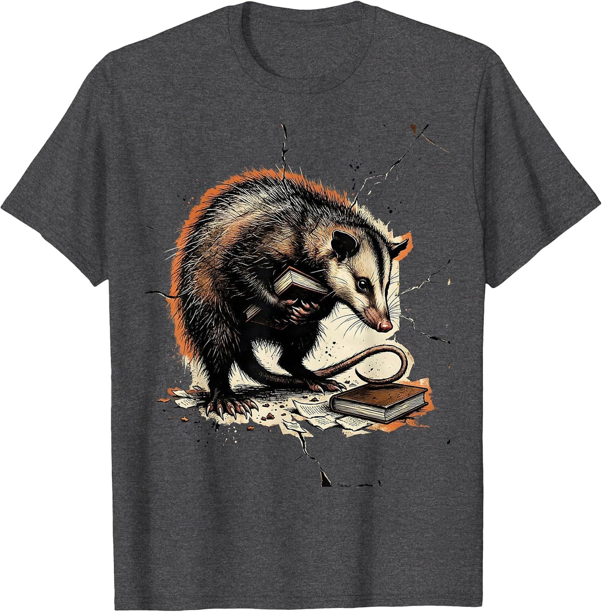 Sneaky Opossum Book Thief Unhinged Meme Humor T-Shirt - Dark Heather Grey