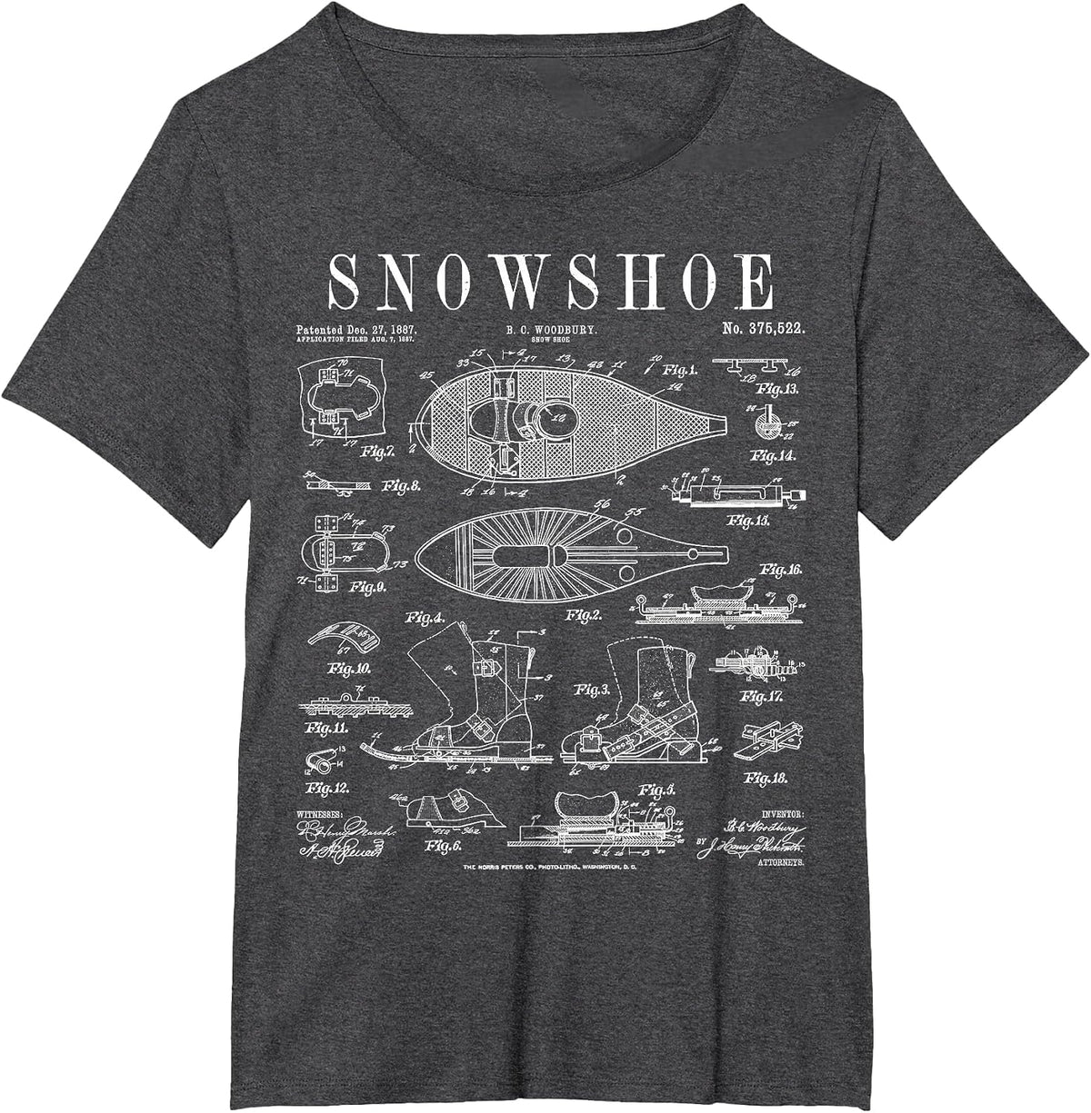 Snowshoe Snowshoeing Winter Hiking Vintage Patent Print T-Shirt - Dark Heather Grey