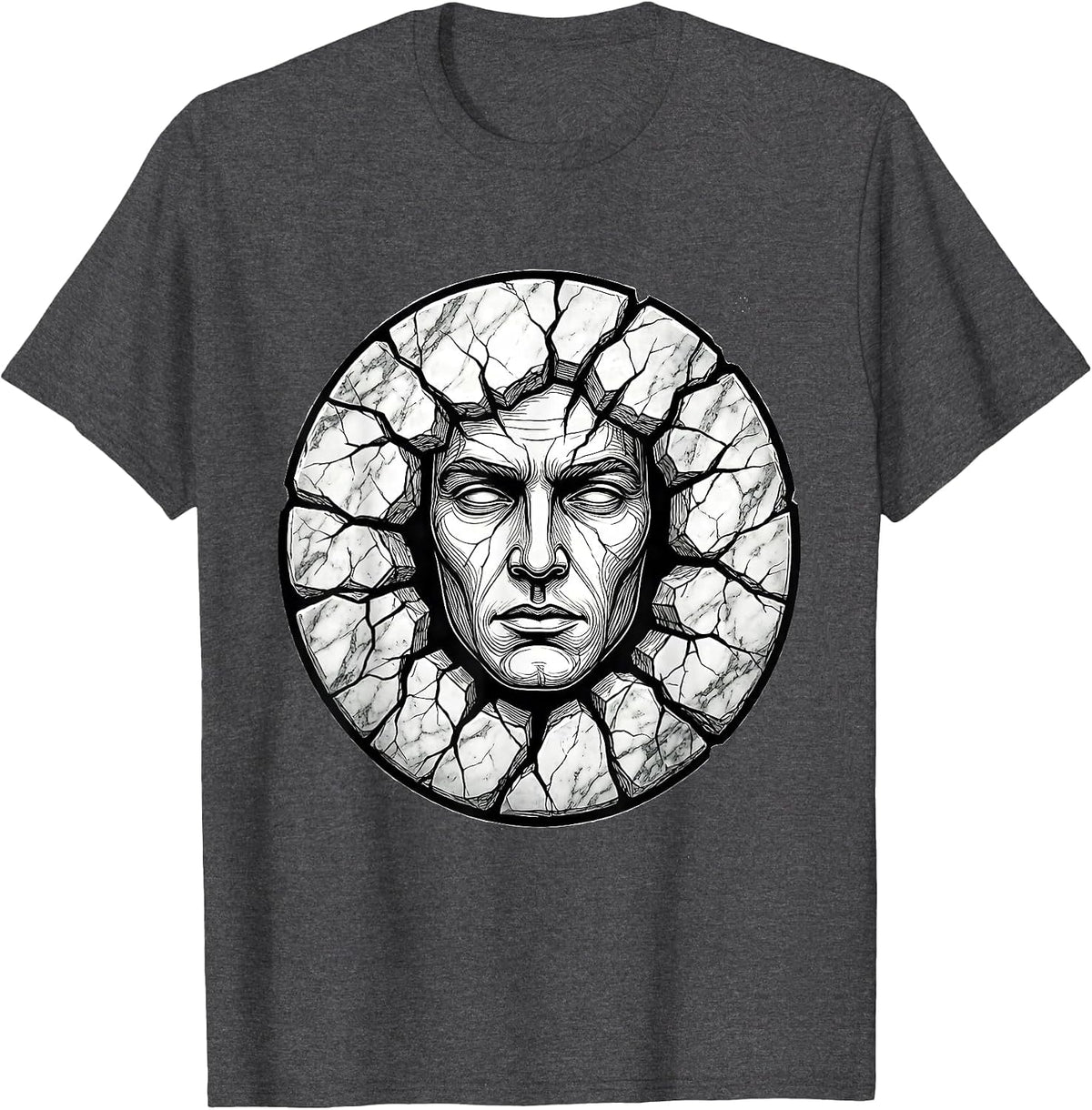 Men's Human Face Emerging From Cracked Marble Slab T-Shirt - Dark Heather Grey