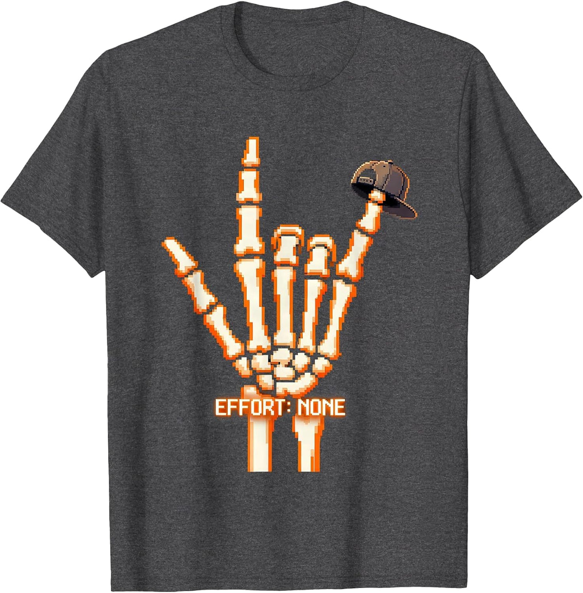 Men's Effort: None Pixel Art Skeleton Rock On Halloween Humor T-Shirt - Dark Heather Grey