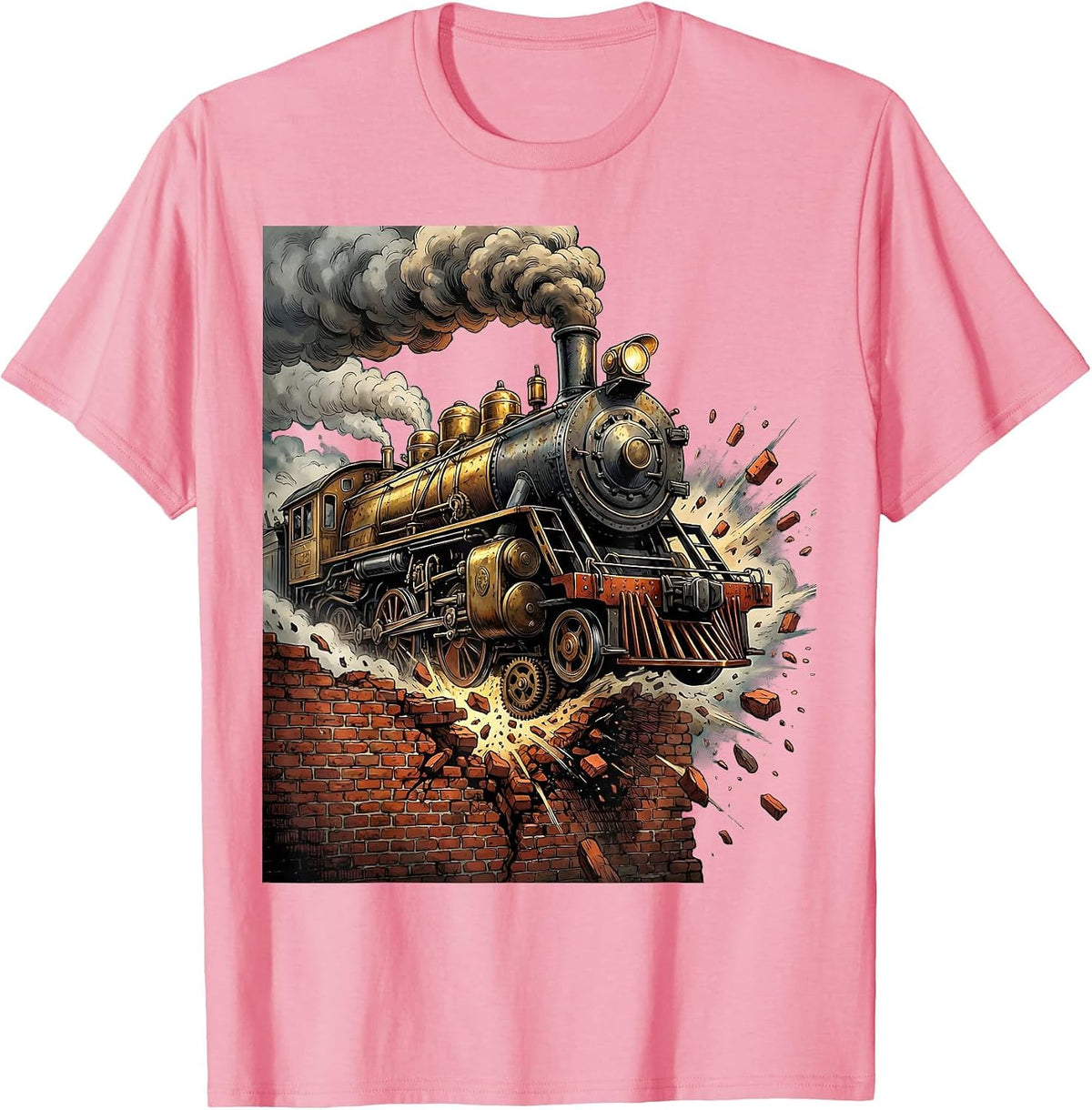 Men's Steampunk Locomotive Bursting Through Brick Wall T-Shirt - Pink