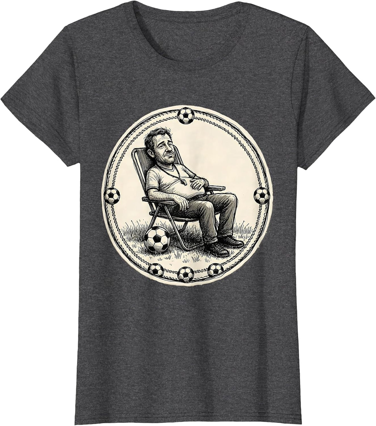Women's Soccer Dad Lawn Chair Referee Whistle Graphic T-Shirt - Dark Heather Grey