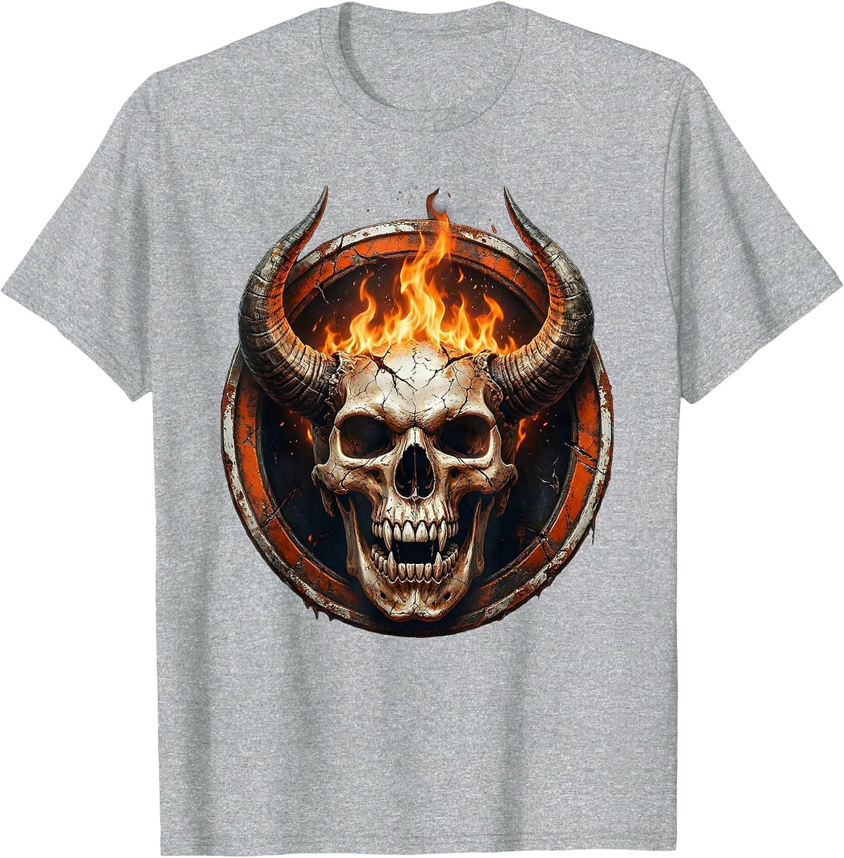 Men's Horned Demon Skull Fire Breathing Dark Art Design T-Shirt - Heather Grey