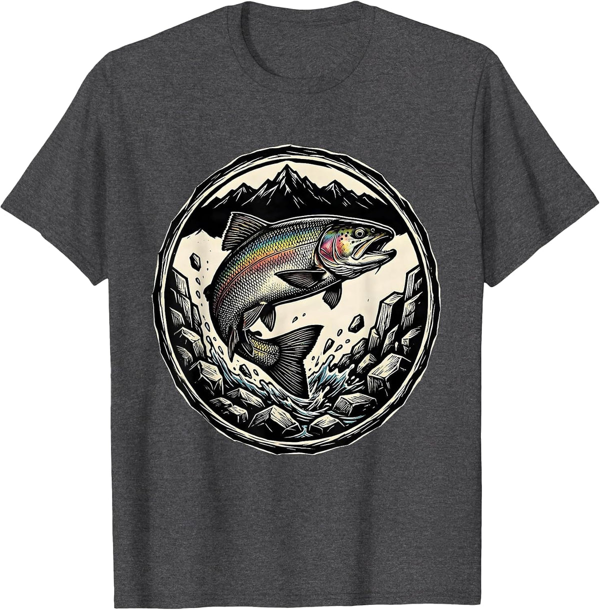 Trout Jumping Rocky Mountain Stream Fishing T-Shirt - Dark Heather Grey