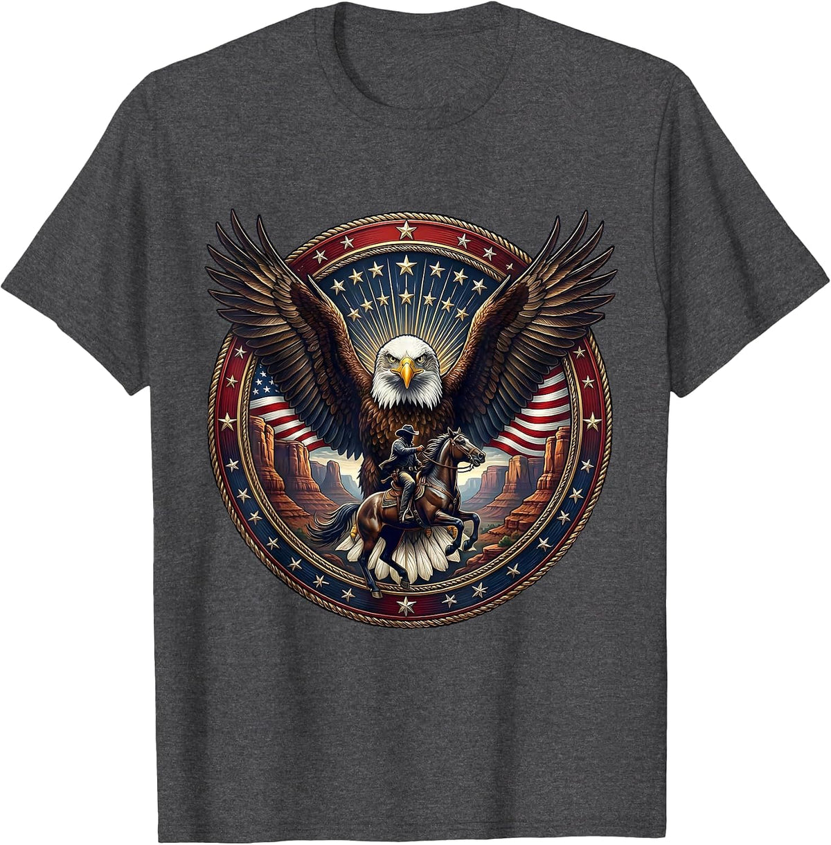 Cowboy Riding Through Canyon Dust Western Art T-Shirt - Dark Heather Grey
