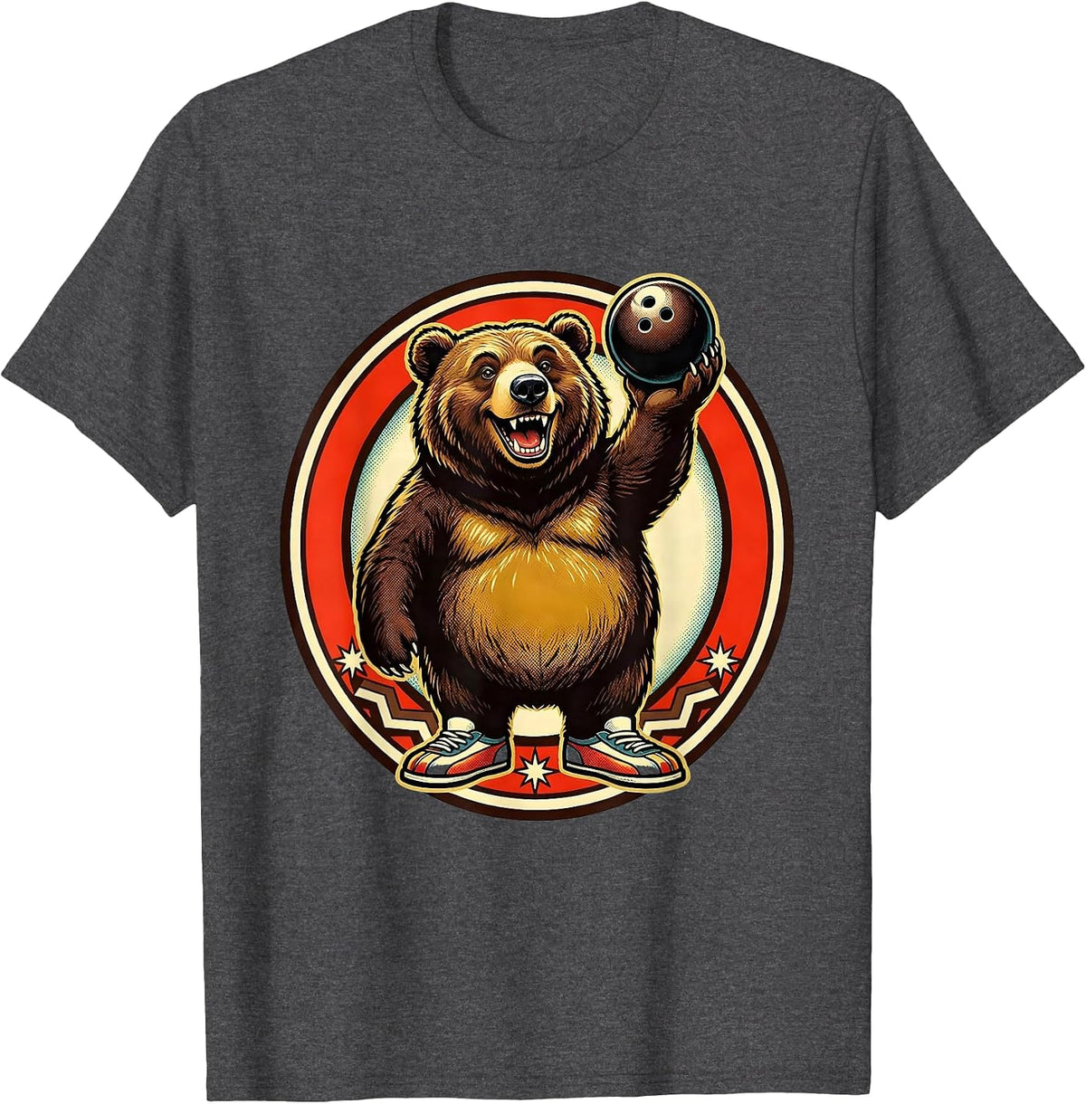 Men's Bear Bowling Illustration Funny Bowling Graphic T-Shirt - Dark Heather Grey