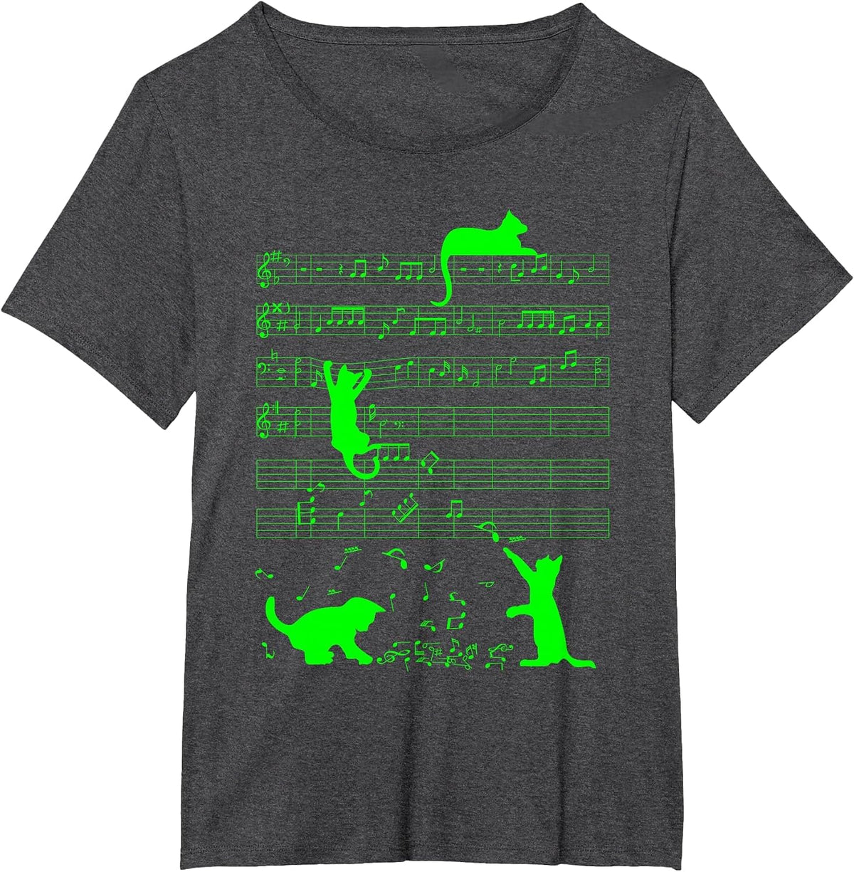 Cute Cats Green Musical Notes Musician Art T-Shirt - Dark Heather Grey