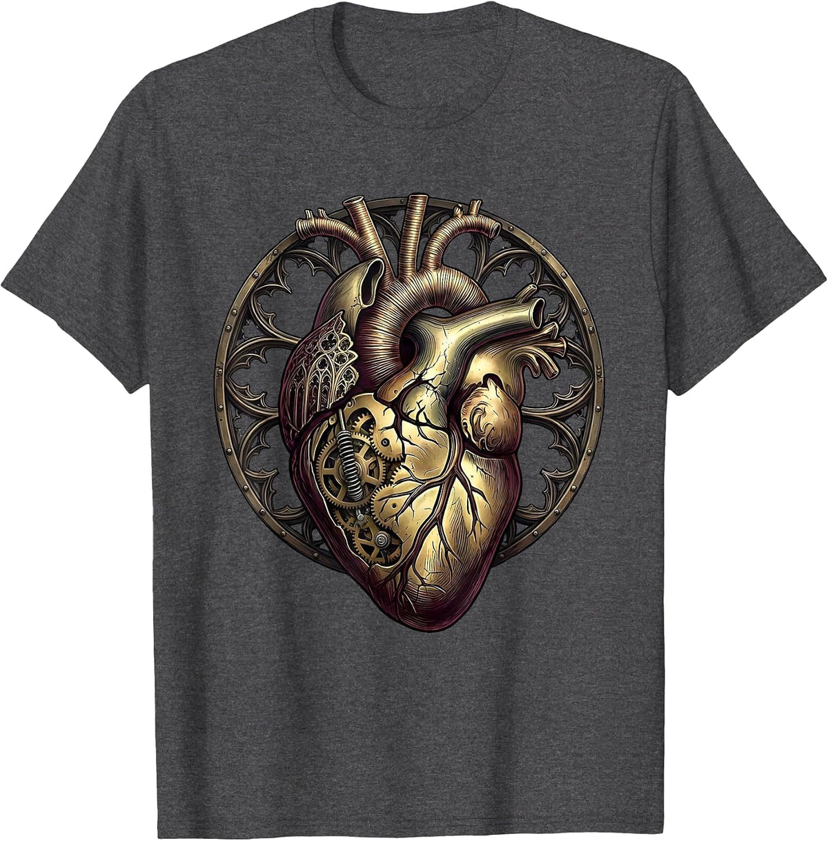 Steampunk Brass Clockwork Heart Exposed Gears T-Shirt - Dark Heather Grey