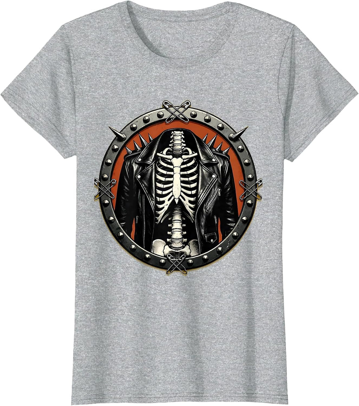 Women's Punk Skeleton Spiked Leather Jacket Graphic T-Shirt - Heather Grey
