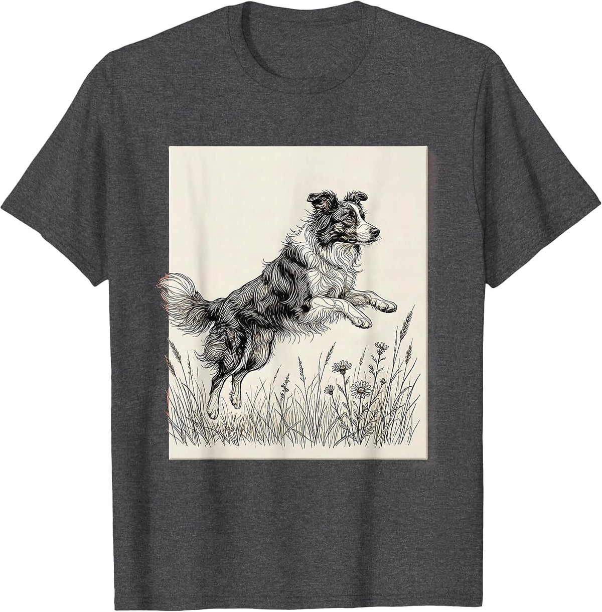 Border Collie Leaping Through Meadow Grass T-Shirt - Dark Heather Grey