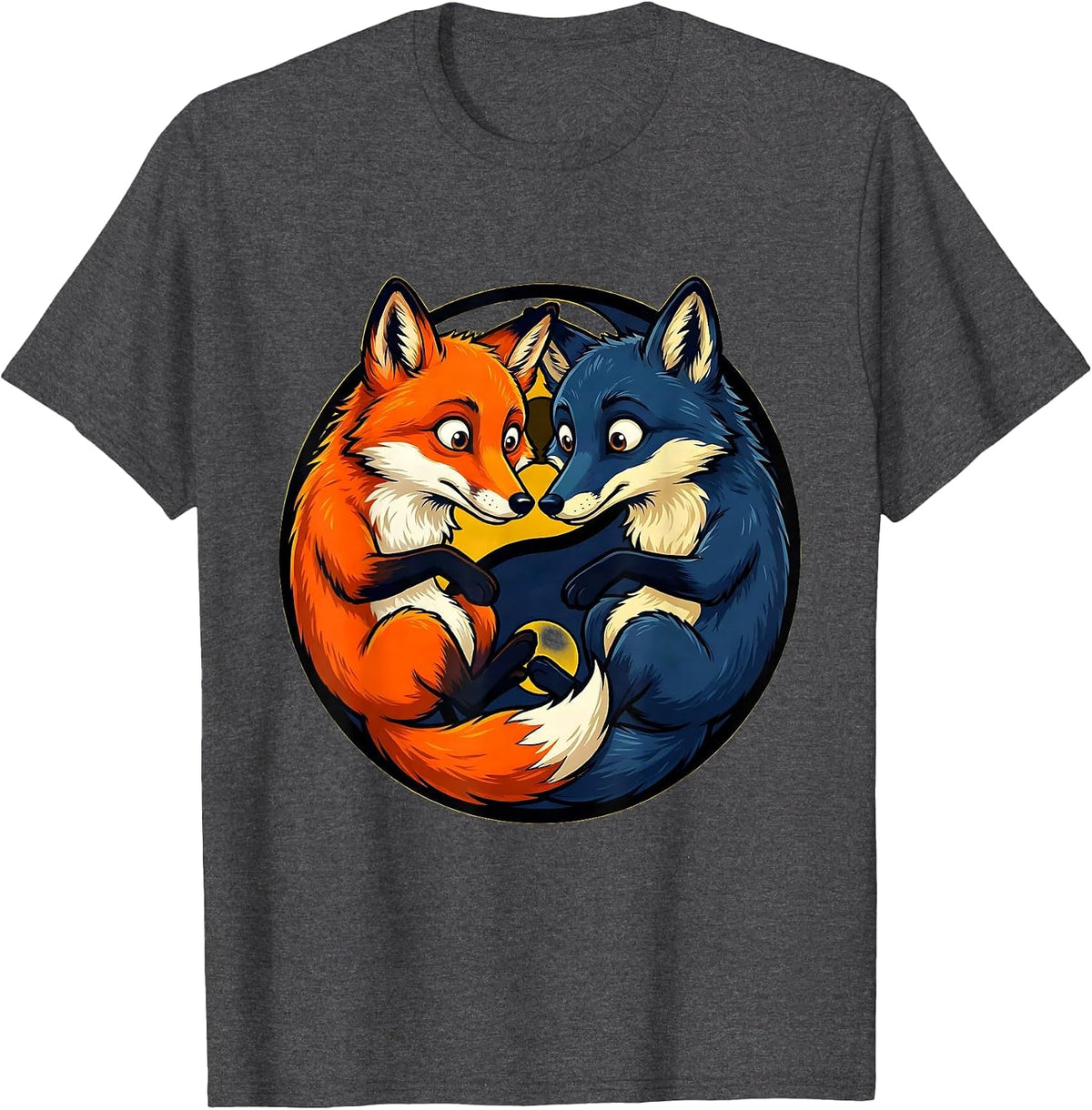 Twin Fox Yin Yang Balance Graphic Design T-Shirt - Dark Heather Grey