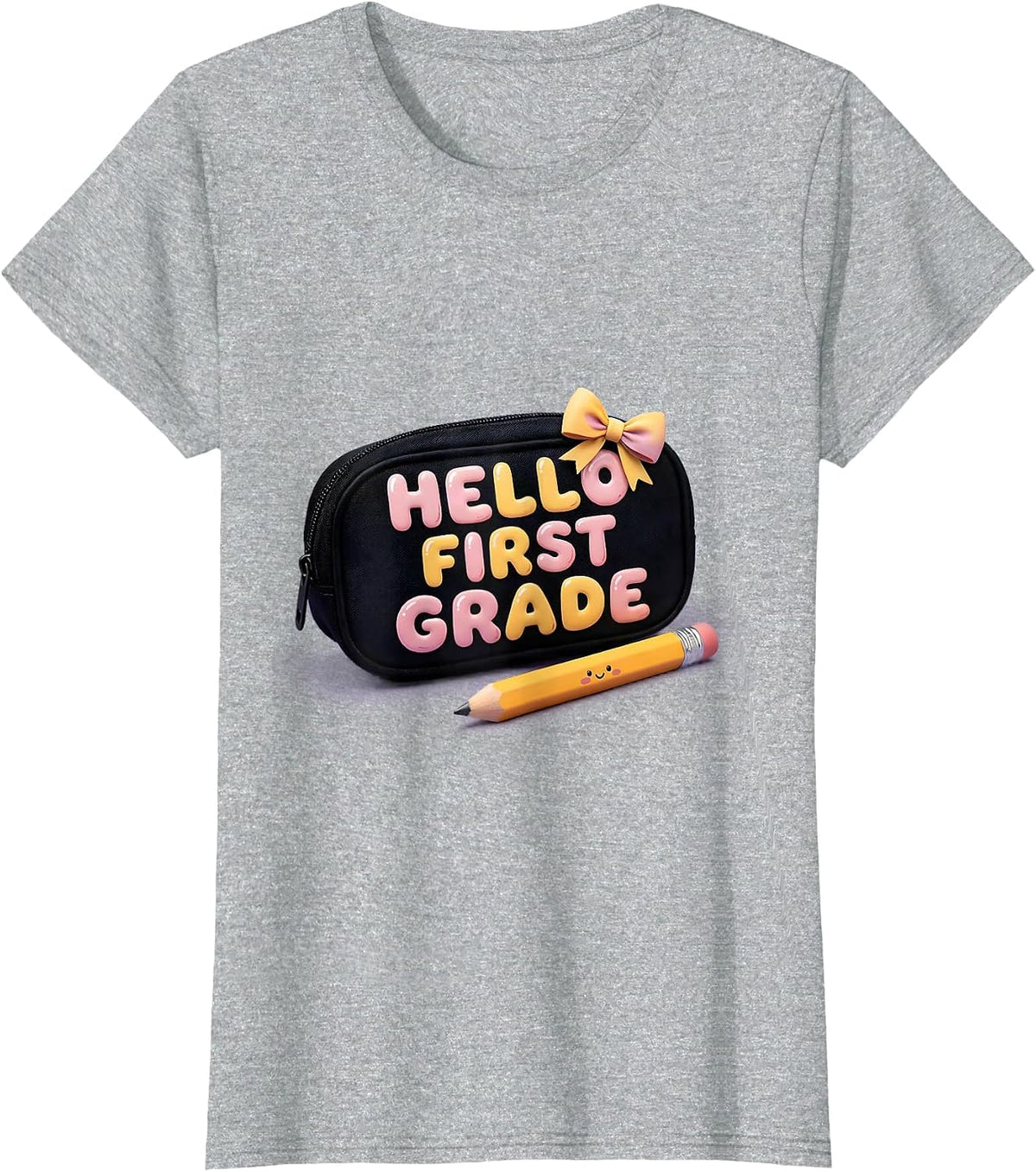 Women's Hello First Grade Cute Kawaii Bow Back To School Pencil T-Shirt - Heather Grey