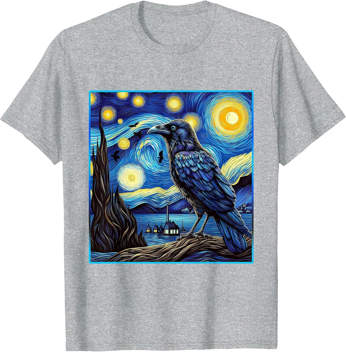 Raven Starry Night Shirt Van Gogh Painting Black Crow Lover T-Shirt - Heather Grey
