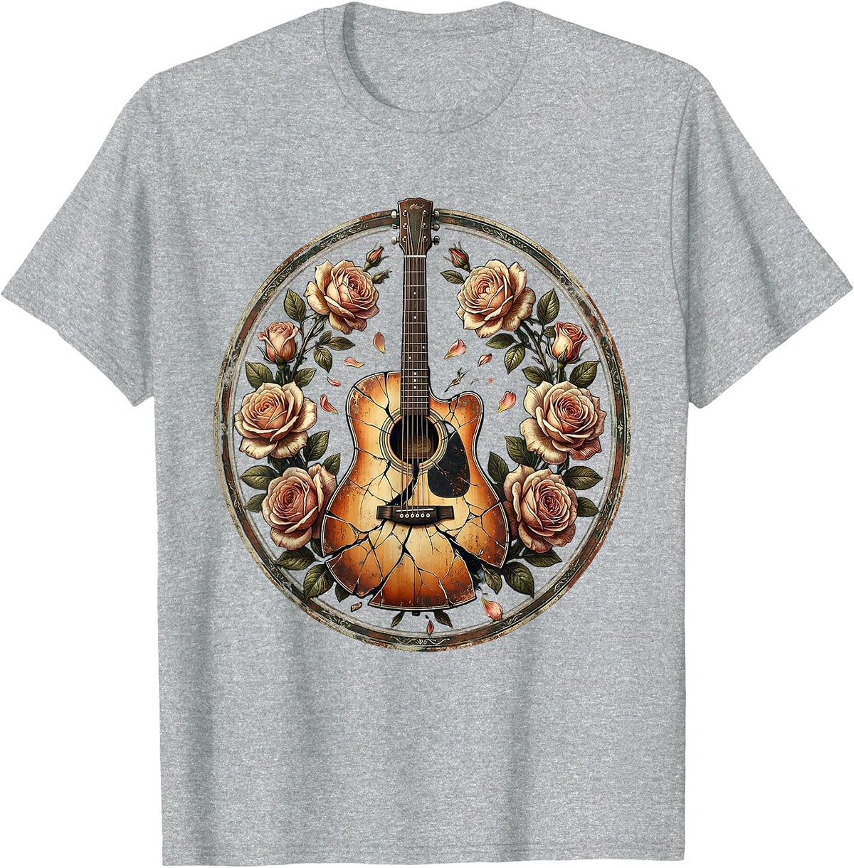 Men's Broken Guitar Floral Band Music Graphic T-Shirt - Heather Grey