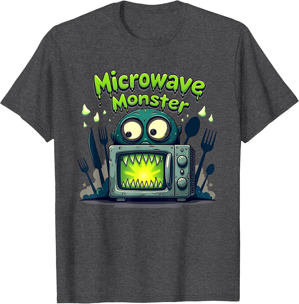 Halloween Food & Cooking Microwave Monster Funny T-Shirt - Dark Heather Grey