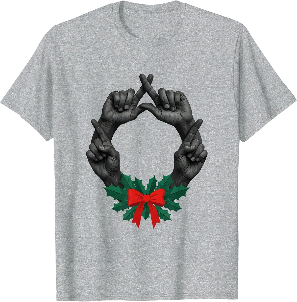 Men's Interlocked Hands Holiday Wreath Rock Metal Guitarist T-Shirt - Heather Grey