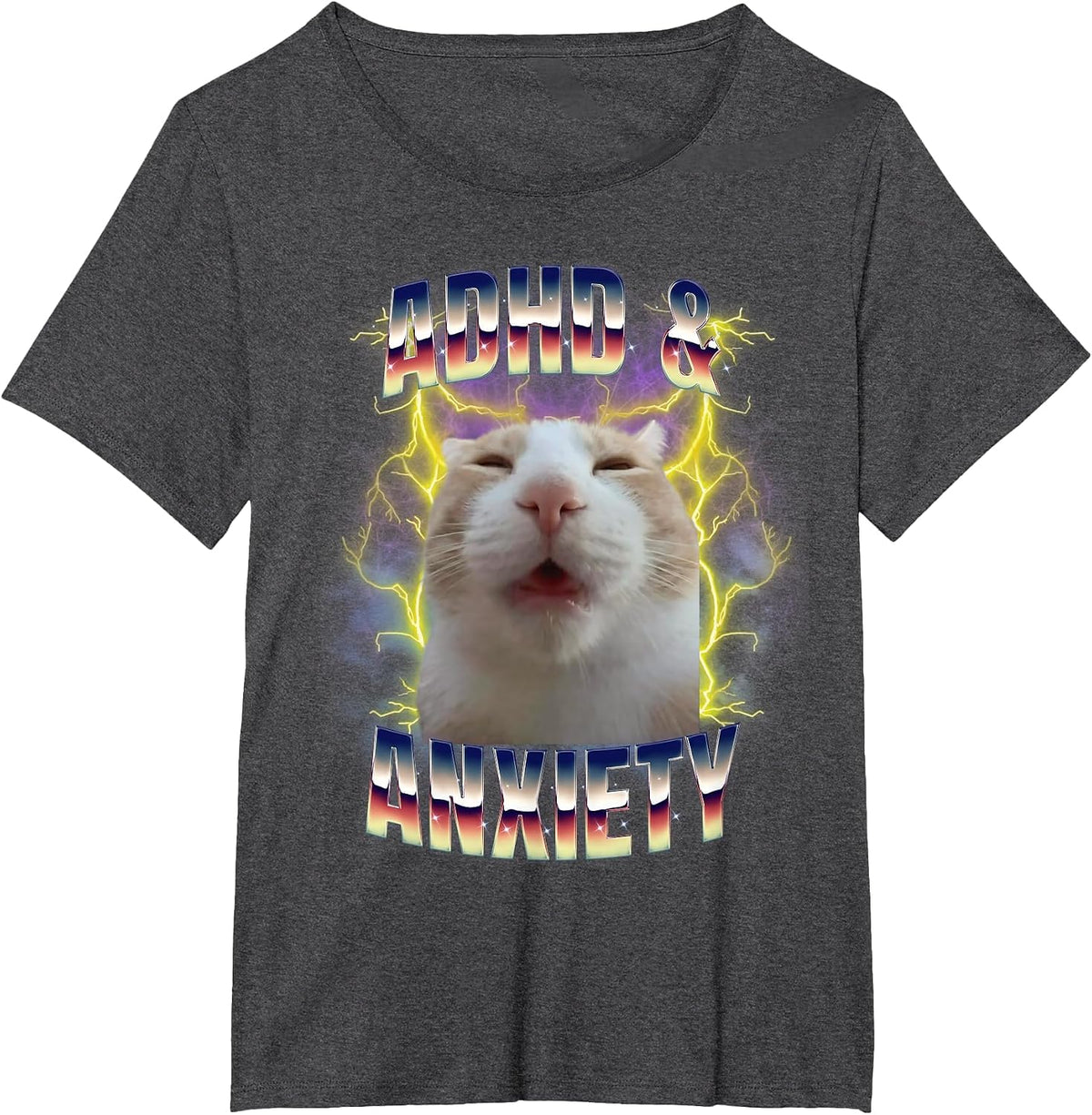 ADHD and Anxiety Neurodiversity Funny Silly Meme Cat T-Shirt - Dark Heather Grey