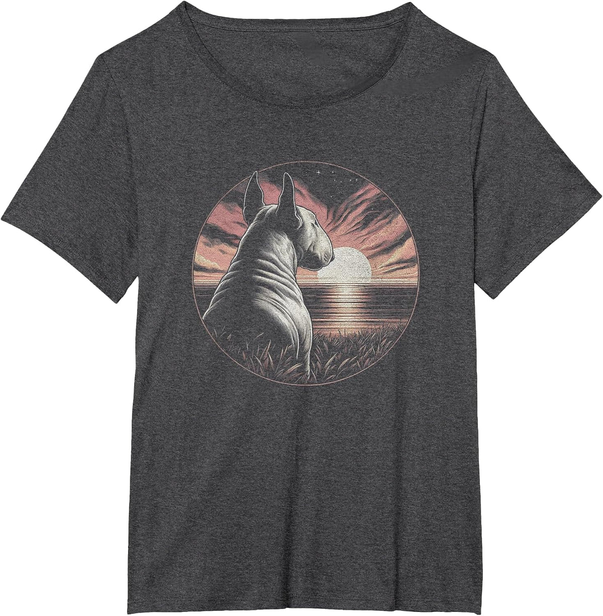 Vintage Bull Terrier Dog Retro Sunset Scene Art Design T-Shirt - Dark Heather Grey
