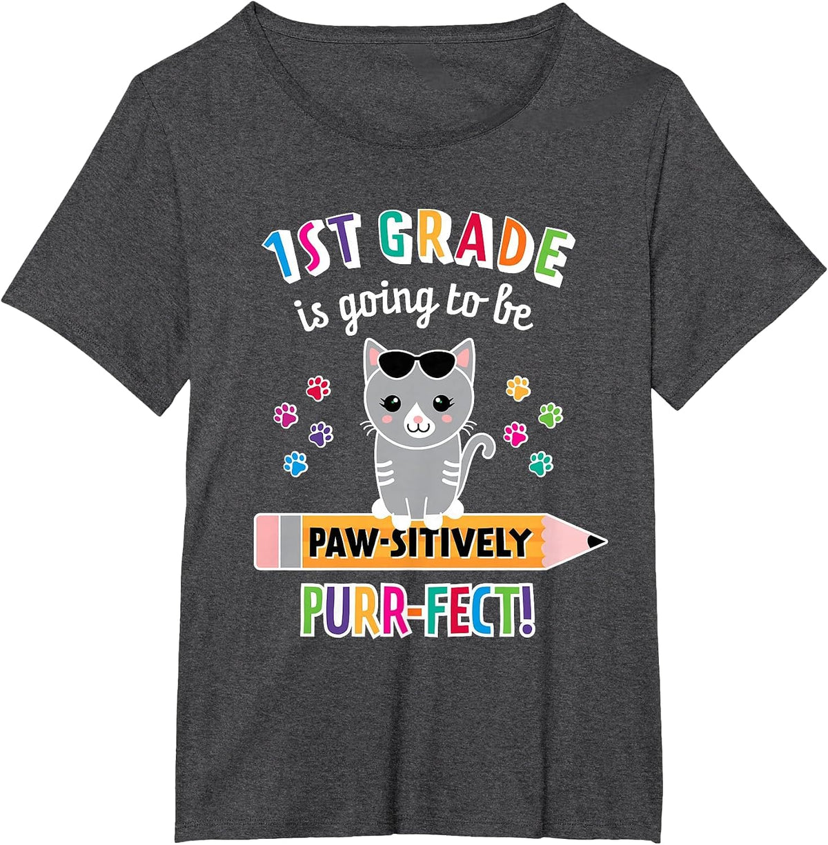 First Day of School First Grade Back to School Cat T-Shirt - Dark Heather Grey