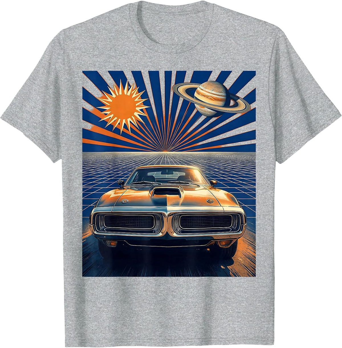 Men's 80s Neon Grid Muscle Car Retro Graphic T-Shirt - Heather Grey