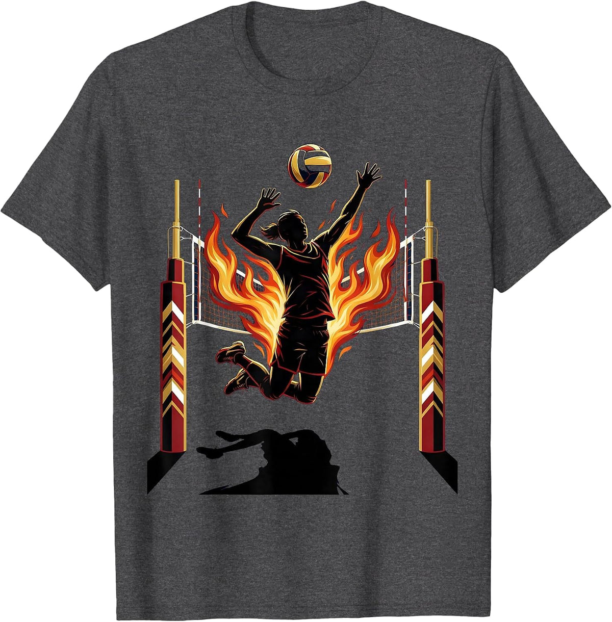 Volleyball Mom Flaming Net Graphic Design T-Shirt - Dark Heather Grey