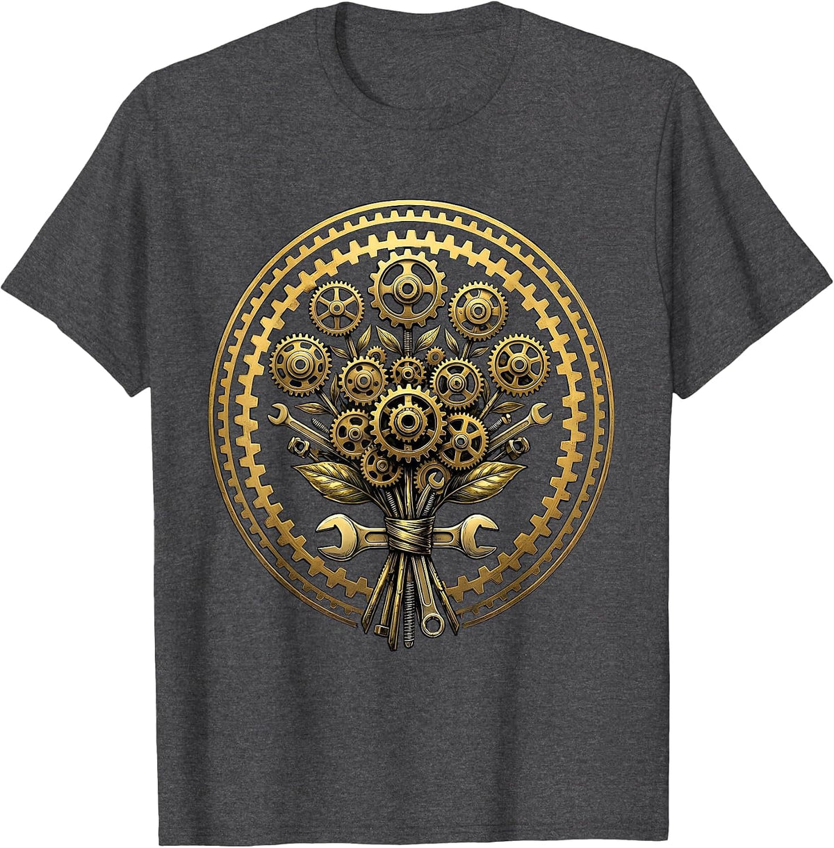 Labor Day Gear and Cog Wheel Bouquet Design T-Shirt - Dark Heather Grey