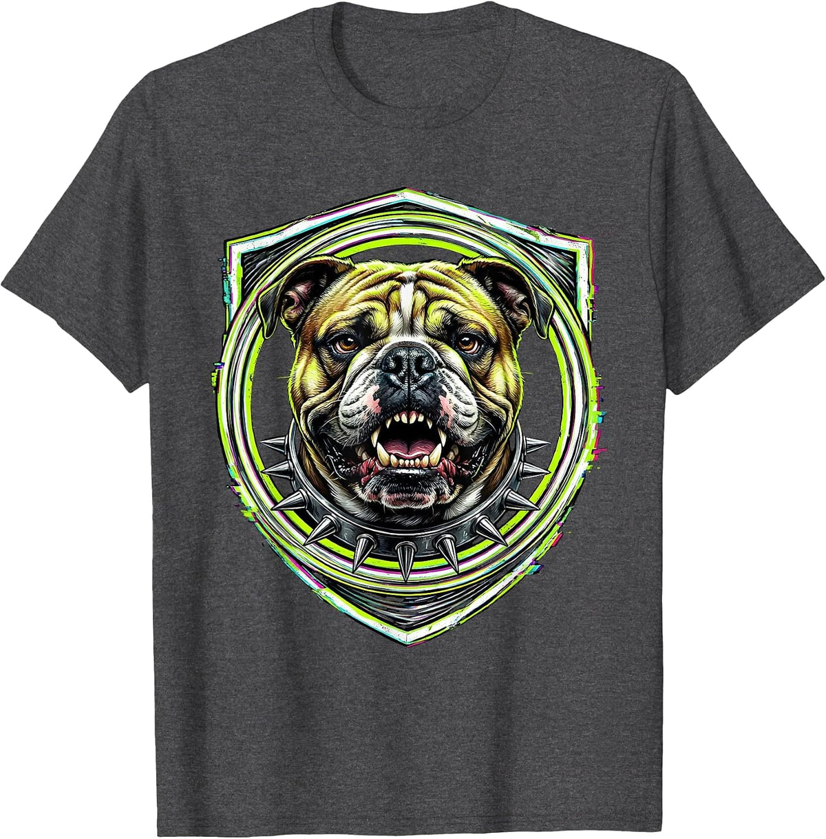 Punk Rock Snarling Bulldog Spiked Collar Graphic T-Shirt - Dark Heather Grey