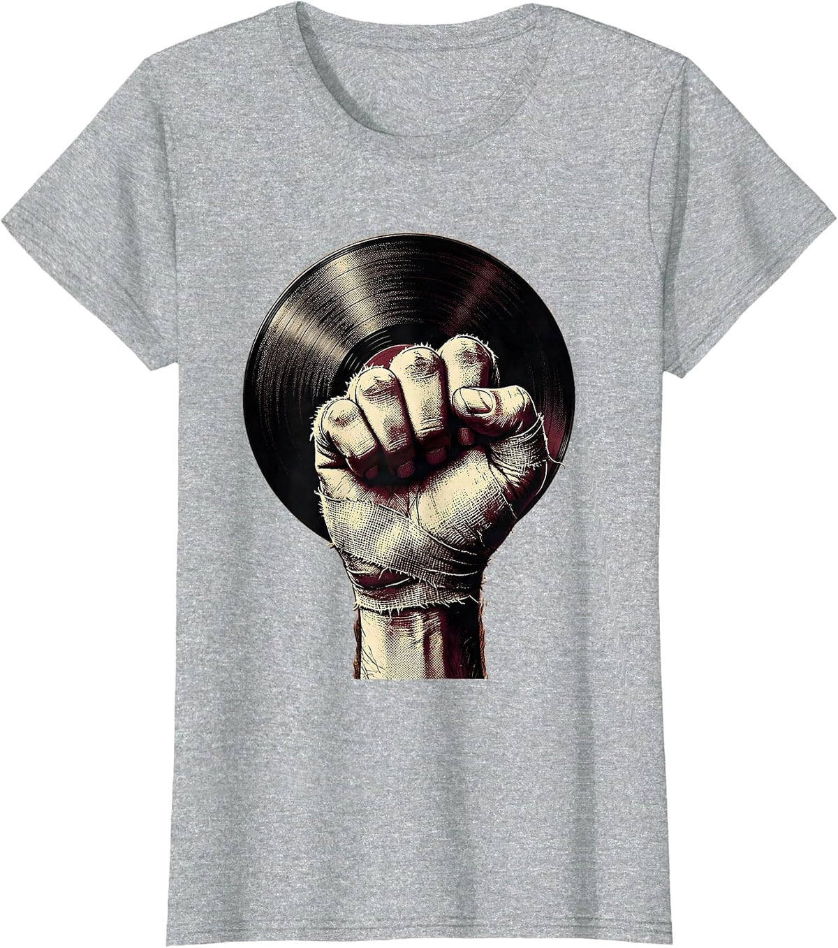 Grunge Bandaged Knuckles Vinyl Record Art T-Shirt - Heather Grey