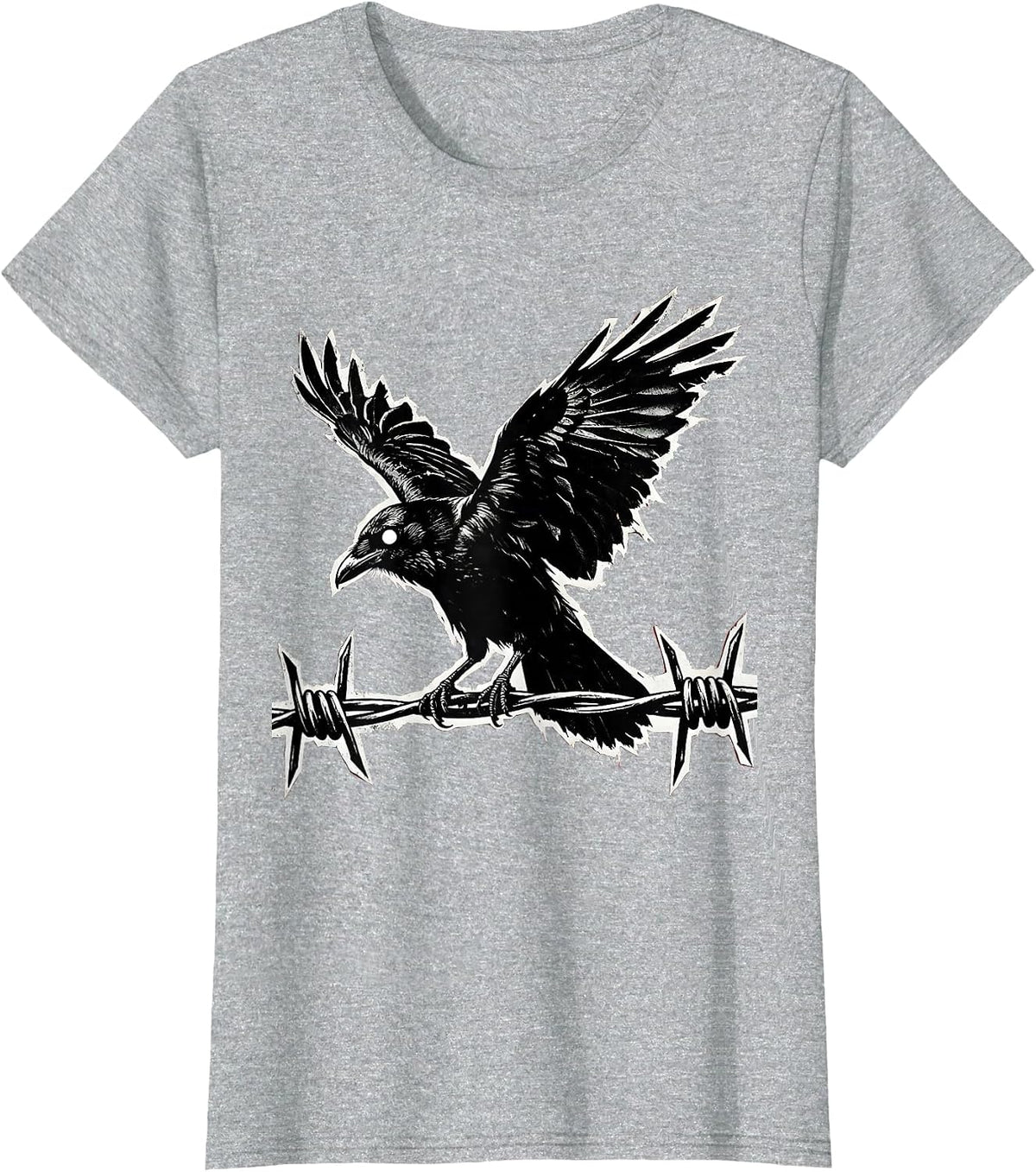 Grunge Crow on Barbed Wire Fence Illustration T-Shirt - Heather Grey