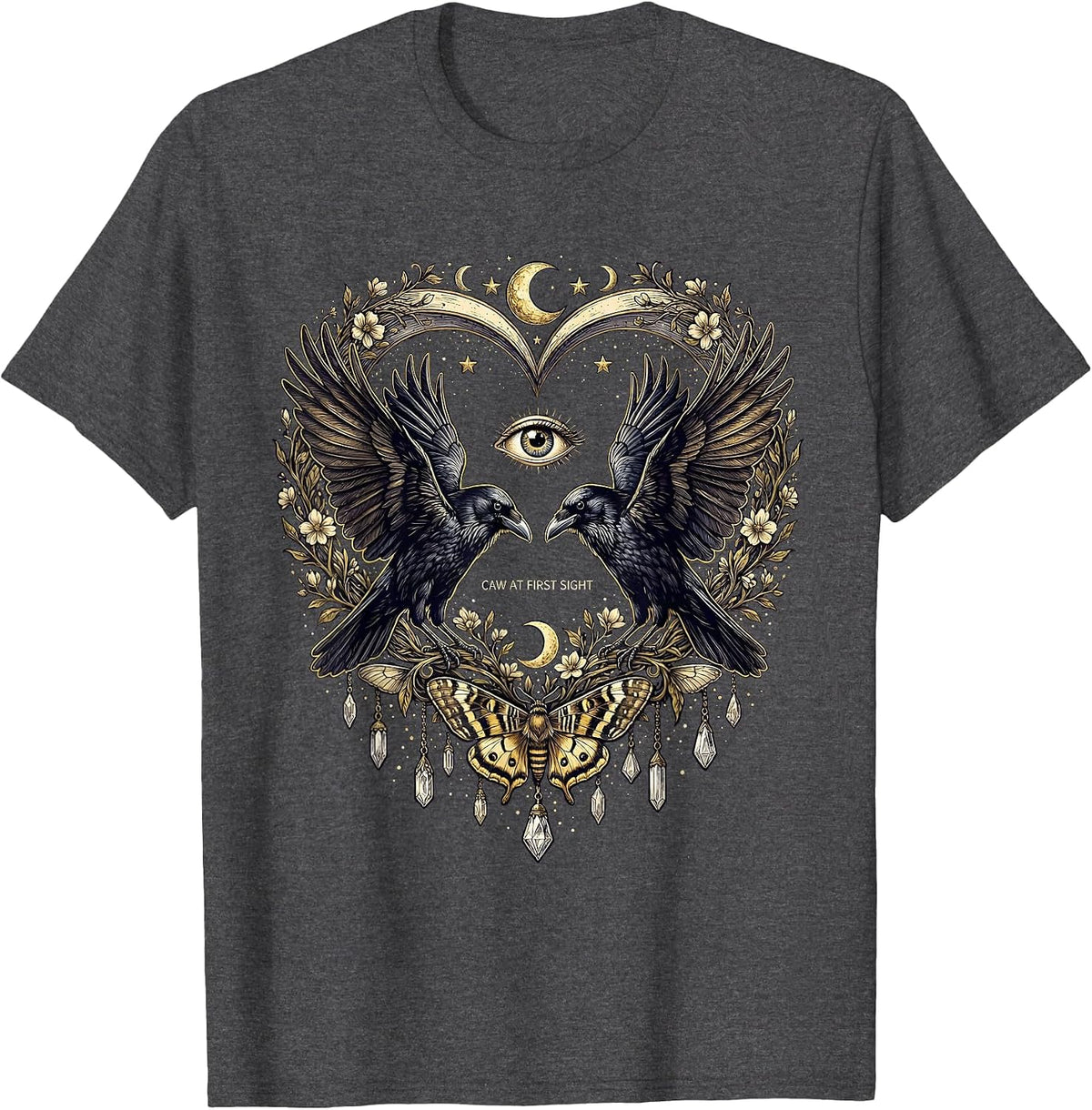 Men's Caw At First Sight Funny Crow Bird Design T-Shirt - Dark Heather Grey