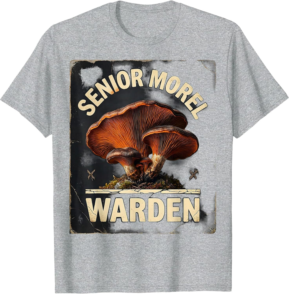 Men's Senior Morel Warden Distressed Mushroom Forager Mycology T-Shirt - Heather Grey