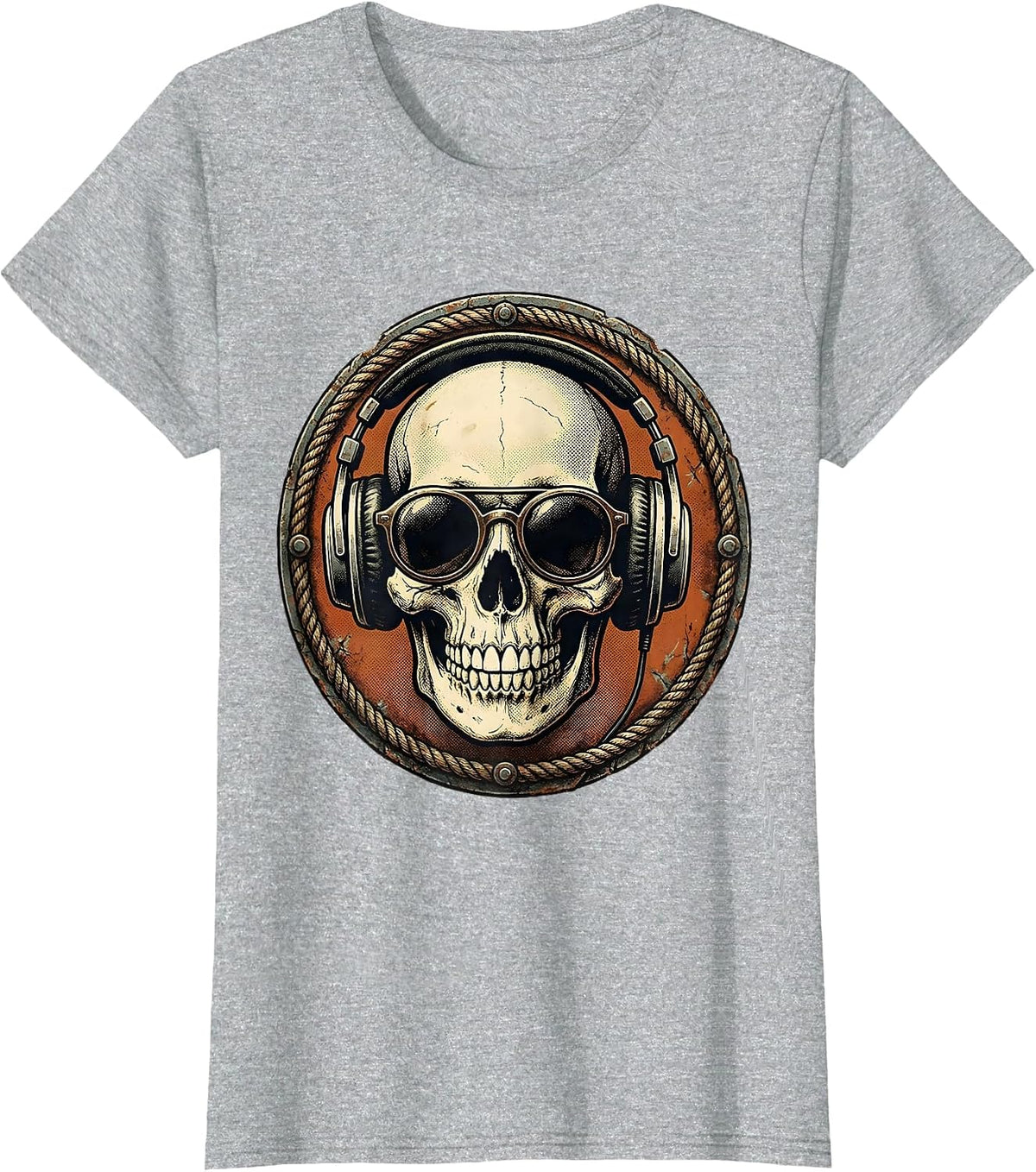 Cool Skull Oversized Sunglasses Headphones Graphic T-Shirt - Heather Grey