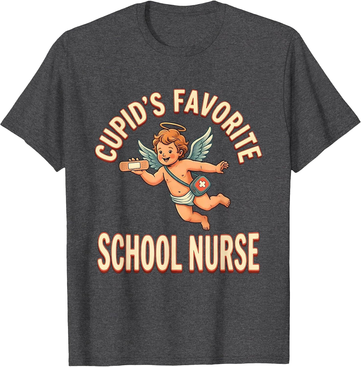 Cupid's Favorite School Nurse Retro Valentine Day Humor T-Shirt - Dark Heather Grey