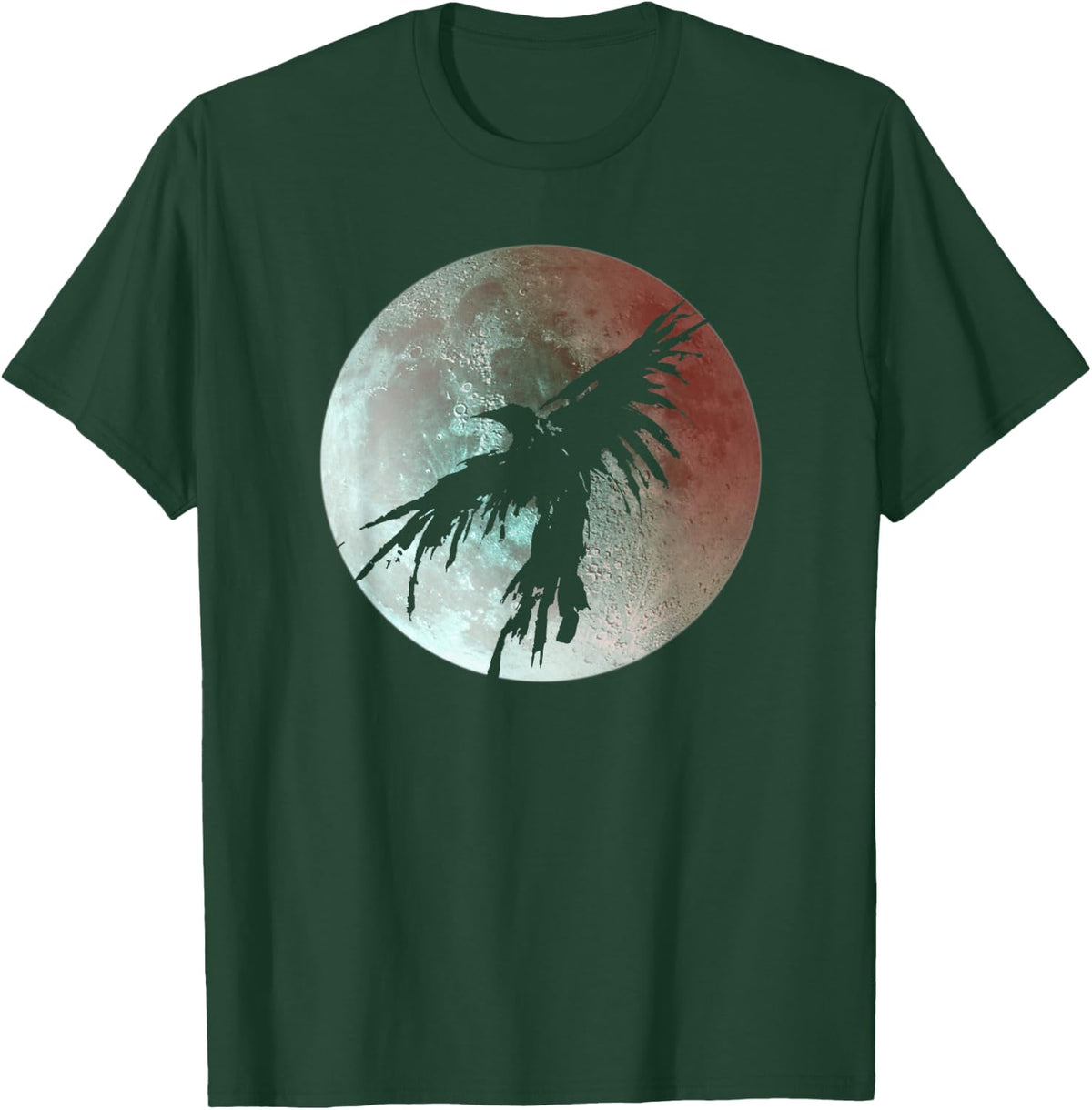 Crow Raven Distressed Flying Bird Full Moon Tee T-Shirt - Dark Green